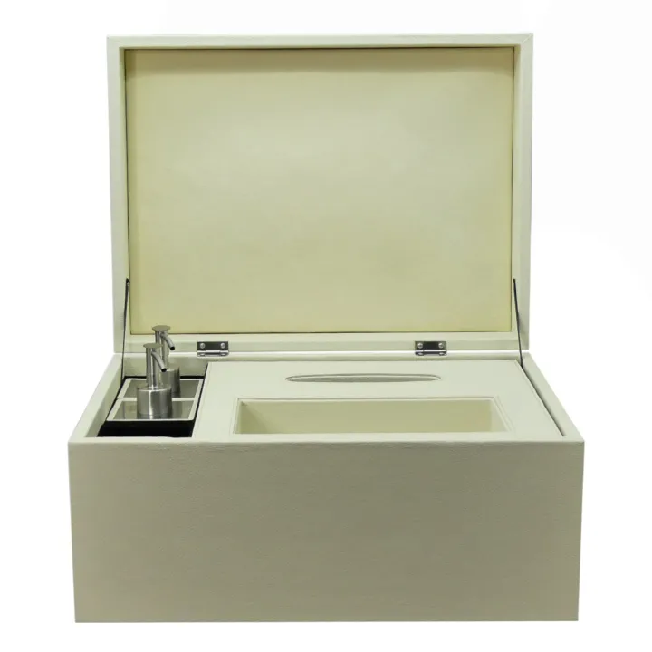 Visual LUXURIOUS WOOD BOX & LIQUID DISPENSER COVERED IN LEATHER