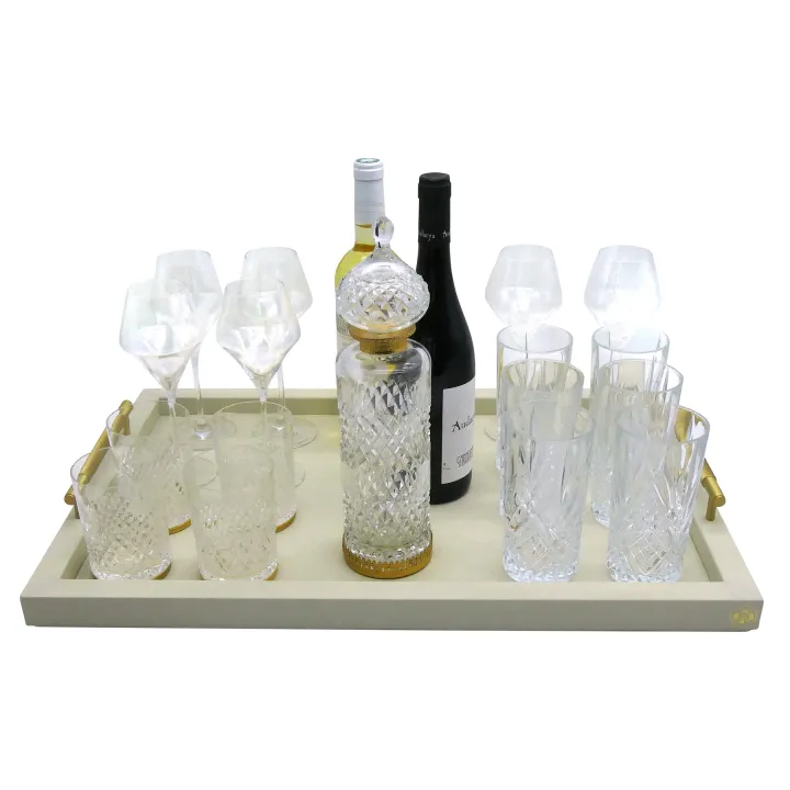 Visual RECTANGULAR TRAY WITH GOLDEN BRASS HANDLES- COVERED IN GRAINED LEATHER