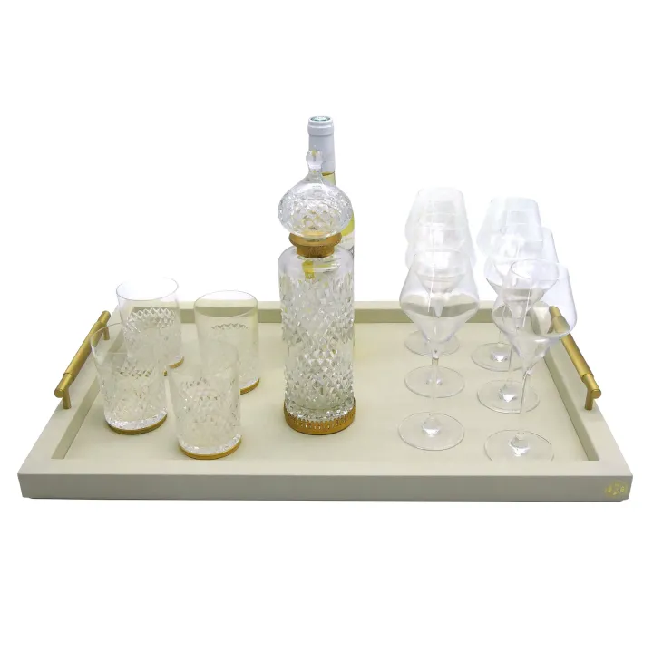 Visual RECTANGULAR TRAY WITH GOLDEN BRASS HANDLES- COVERED IN GRAINED LEATHER