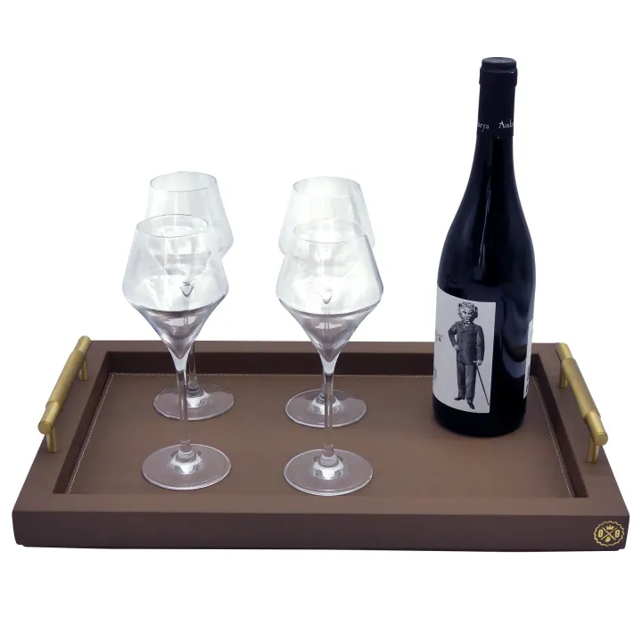 Visual RECTANGULAR TRAY WITH GOLDEN BRASS HANDLES- COVERED IN GRAINED LEATHER