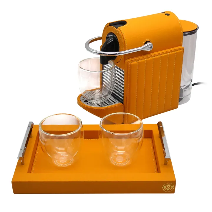 Visual RECTANGULAR TRAY WITH HEXAGONAL CHROME HANDLES- COVERED IN GRAINED LEATHER