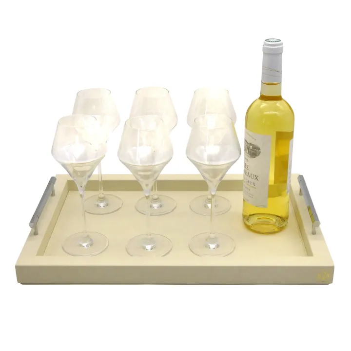 Visual RECTANGULAR TRAY WITH HEXAGONAL CHROME HANDLES- COVERED IN GRAINED LEATHER