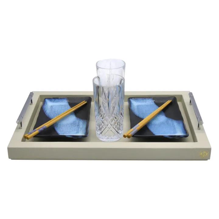 Visual RECTANGULAR TRAY WITH HEXAGONAL CHROME HANDLES- COVERED IN GRAINED LEATHER