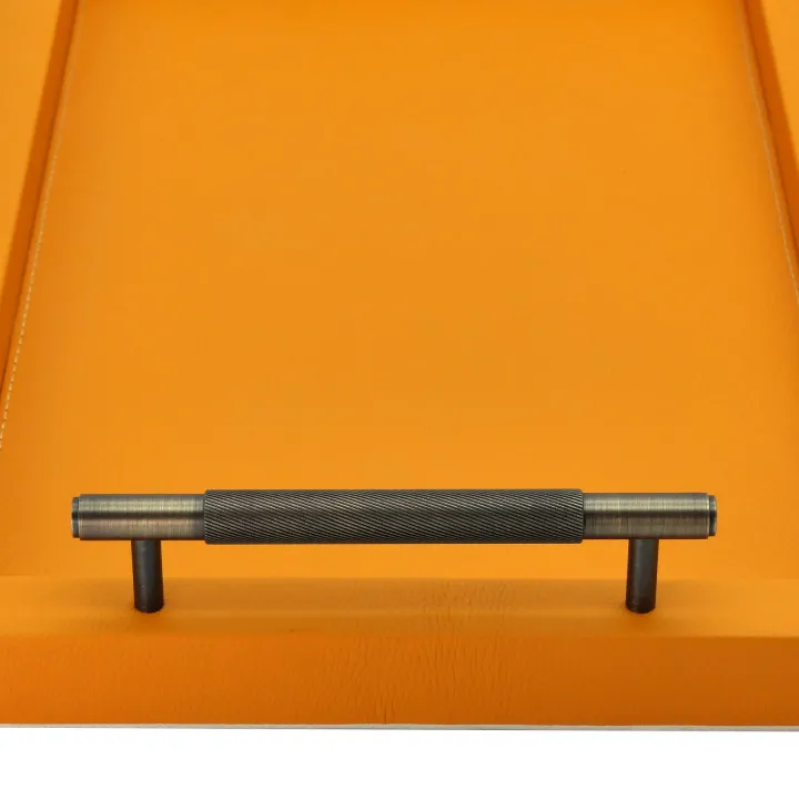 Visual RECTANGULAR TRAY WITH SOLID BRASS HANDLES BRONZE FINISH - COVERED IN GRAINED LEATHER