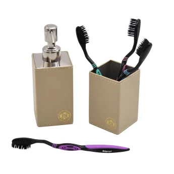 SQUARE SOAP DISPENSER IN STAINLESS COVERED IN LEATHER